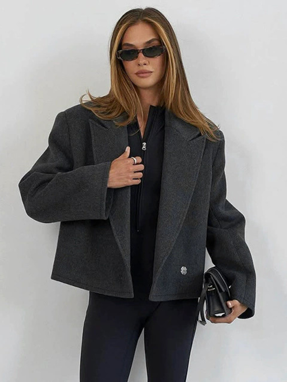 Forever 21 Retro Dark Gray Short Long Sleeve Lapel Belted Blazer Work